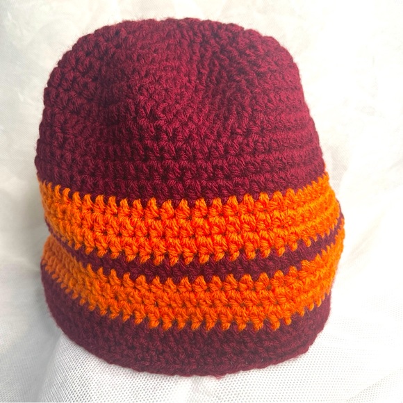 Handmade Crochet Strata Striped Beanie Hat Soft Maroon Orange Virginia VT Colors - Picture 1 of 7